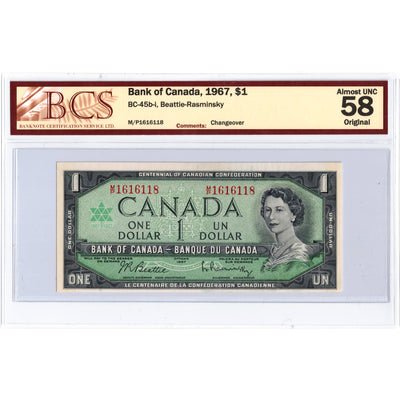 $1 1967 Bank of Canada Note Beattie-Rasminsky M/P Prefix BC-45b-i - BCS AU-58