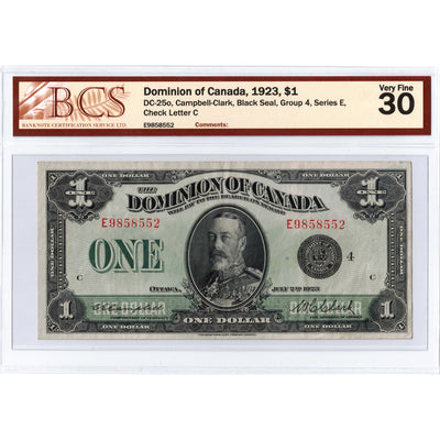 SOLD $1 1923 Dominion of Canada Note Black Seal Series E DC-25o - BCS VF-30