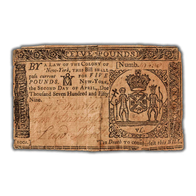 SOLD United States New York 1759 5 Pounds Note FR #NY156 - Tape Repaired