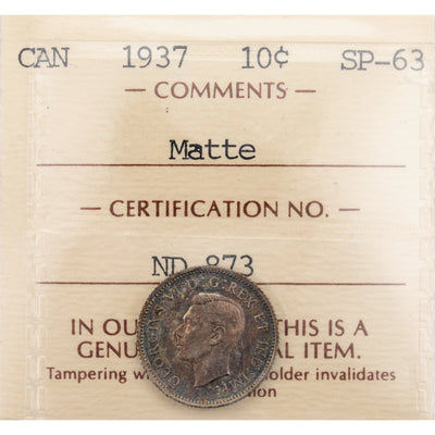 SOLD Canada 1937 10 Cents Dime Matte Specimen Silver Coin - ICCS SP-63