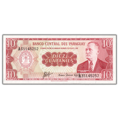 SOLD Paraguay 1952 (1963) 10 Guaranies Note P #196b - Choice UNC