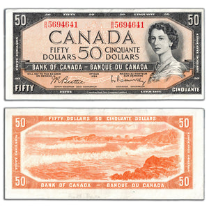 SOLD $50 1954 Bank of Canada Note Beattie-Rasminsky B/H Prefix BC-42b