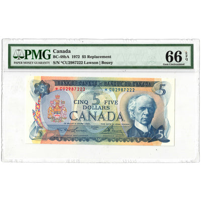 $5 1972 Bank of Canada Note *CU Replacement Prefix BC-48bA - PMG Gem UNC-66 EPQ