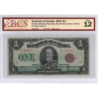 $1 1923 Dominion of Canada Note Bronze Seal Series R DC-25e - BCS F-12
