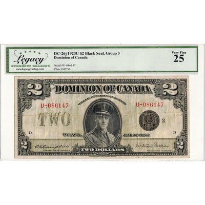 SOLD $2 1923 Dominion of Canada Note Black Seal Series U DC-26j - Legacy VF-25