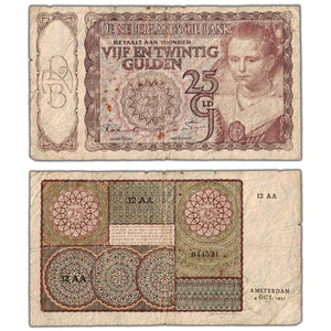 SOLD Netherlands 1943 25 Gulden Note P #60 - Circulated (pinholes)