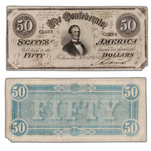 SOLD United States 1864 Confederate States $50 Note Fricke #T-66 - Missing Corner