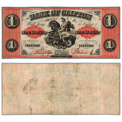 SOLD $1 1861 Bank of Clifton Canada Chartered Note with Overprint #125-12-04 - VF