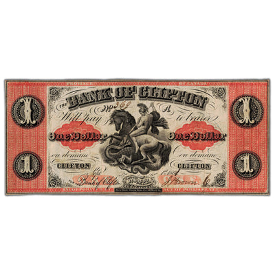 SOLD $1 1861 Bank of Clifton Canada Chartered Note with Overprint #125-12-04 - VF