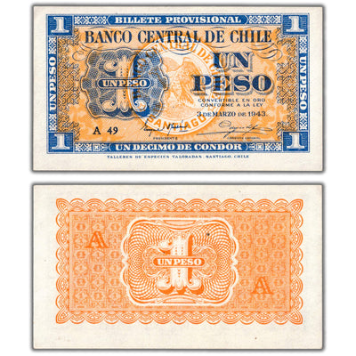 Chile 1943 1 One Peso Note P #90a - AU+