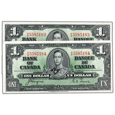 SOLD $1 1937 Bank of Canada Notes W/M Prefix BC-21d - 2 Consecutive AU/UNC