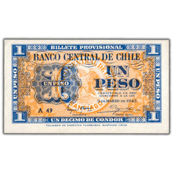 Chile 1943 1 One Peso Note P #90a - AU+