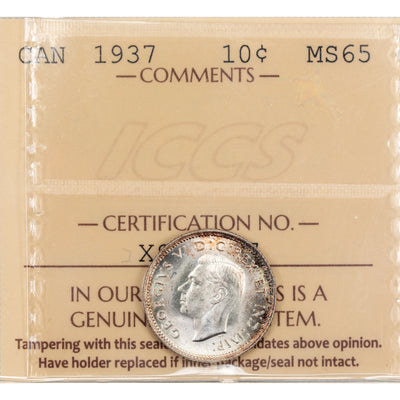 Canada 1937 10 Cents Dime Silver Coin - ICCS MS-65