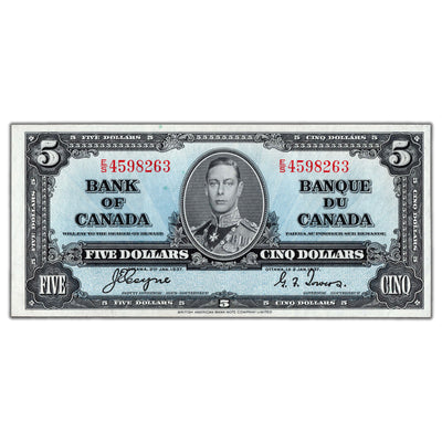 SOLD $5 1937 Bank of Canada Note Coyne-Towers E/S Prefix BC-23c - EF/AU