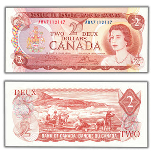 SOLD $2 1974 Bank of Canada Note ARA Prefix BC-47b - 3 Digit Radar - Ch UNC