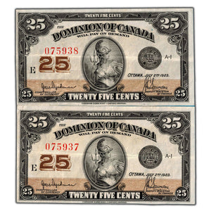 SOLD 25 Cents 1923 Dominion of Canada Shinplaster Notes DC-24b - 2 Consec VF+