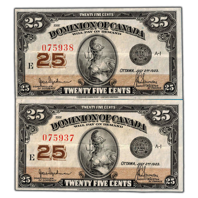 SOLD 25 Cents 1923 Dominion of Canada Shinplaster Notes DC-24b - 2 Consec VF+
