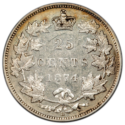 Canada 1874-H 25 Cents Quarter Silver Coin - Lightly Cleaned
