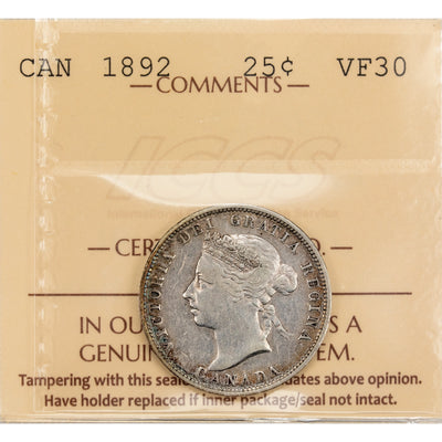 SOLD Canada 1892 25 Cents Quarter Silver Coin - ICCS VF-30