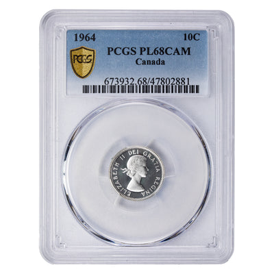 Canada 1964 10 Cents Dime Silver Coin - PCGS PL-68 Cameo