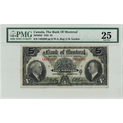 $5 1935 Bank of Montreal Canada Chartered Note #505-60-02 - PMG VF-25