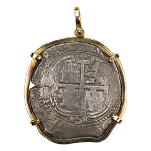 SOLD Bolivia 1658 Pillars Type 8 Reales Cob - 14kt Gold Bezel - 30.44g Total Weight