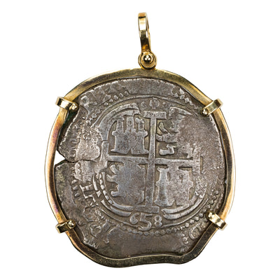 SOLD Bolivia 1658 Pillars Type 8 Reales Cob - 14kt Gold Bezel - 30.44g Total Weight