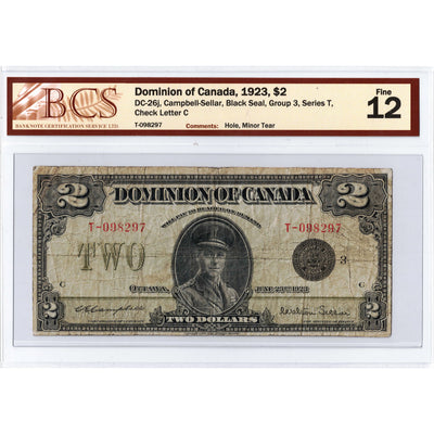 SOLD $2 1923 Dominion of Canada Note Black Seal Series T DC-26j - BCS F-12