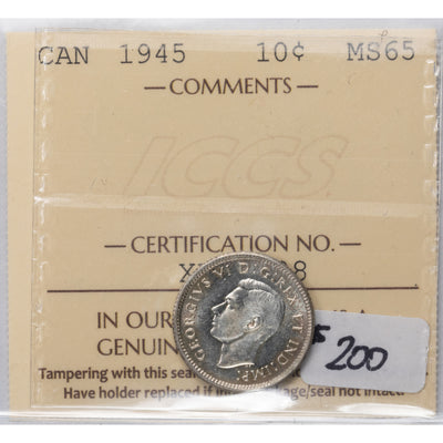 SOLD Canada 1945 10 Ten Cents Silver Coin - ICCS MS-65