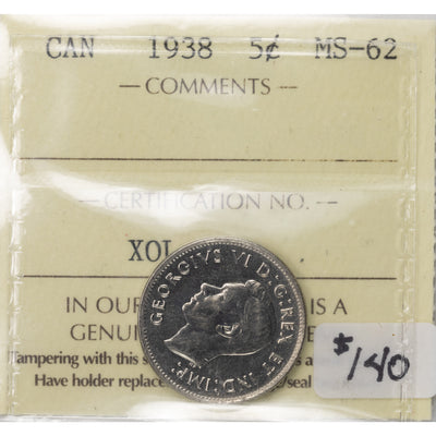 SOLD Canada 1938 5 Cents Nickel Coin - ICCS MS-62
