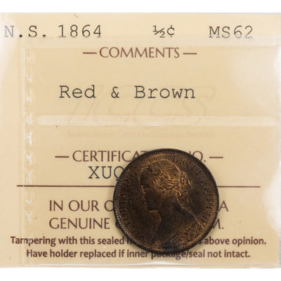 SOLD Nova Scotia 1864 1/2 Half Cent Coin - ICCS MS-62 Red & Brown