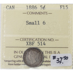 SOLD Canada 1886 Small 6 5 Cents Silver Coin - ICCS F-15