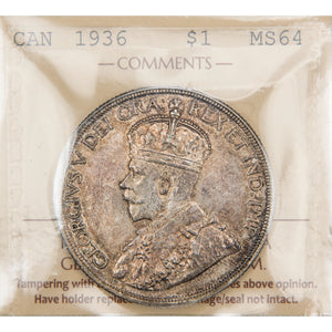 Canada 1936 $1 Silver Dollar Coin - ICCS MS-64