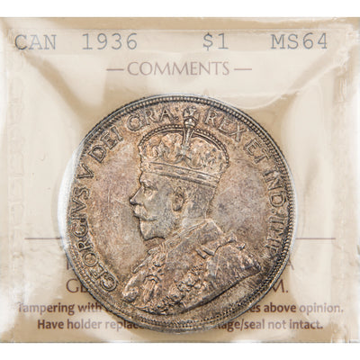 Encapsulated 1936 Canada $1 silver dollar coin graded MS-64 by ICCS with certification tag XYP 704 showing King George V profile and reverse voyageur design.