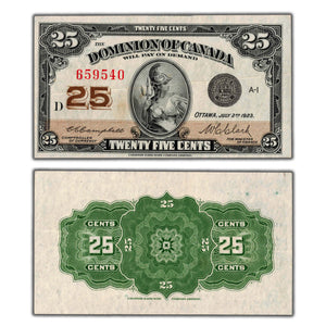 SOLD 25 Cents 1923 Dominion of Canada Shinplaster Note DC-24d - Abt. EF (minor stain)