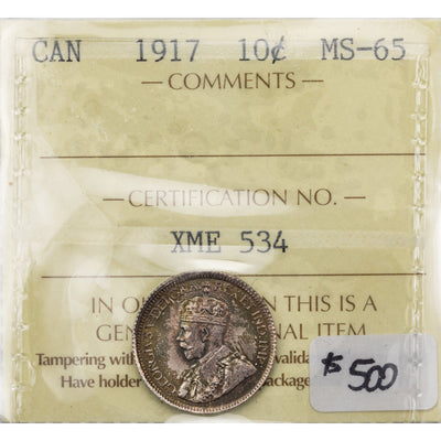 SOLD Canada 1917 10 Cents Dime Silver Coin - ICCS MS-65