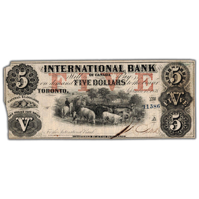 SOLD $5 1858 International Bank of Canada Note #380-10-10-16 - Damaged