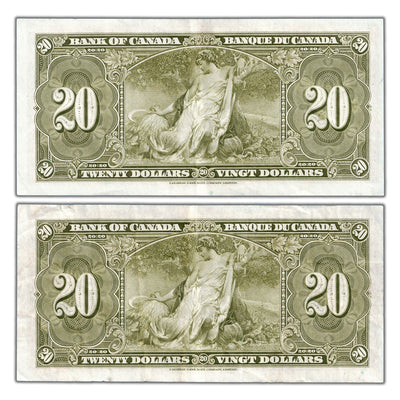 SOLD $20 1937 Bank of Canada Notes D/E Prefix BC-25b - 2 Consecutive Circulated