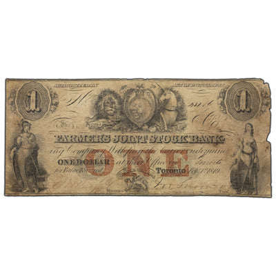 SOLD $1 1849 Farmer's Joint Stock Bank Toronto Canada Note