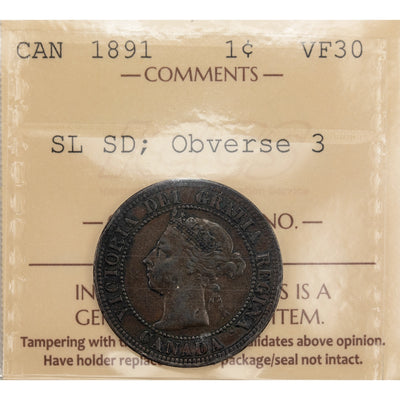 SOLD Canada 1891 SLSD Obverse 3 One Large Cent Coin - ICCS VF-30