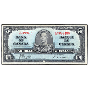 SOLD $5 1937 Bank of Canada Note Coyne-Towers C/S Prefix BC-23c