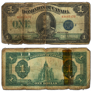 SOLD $1 1923 Dominion of Canada Note Blue Seal DC-25h - Tape on Back