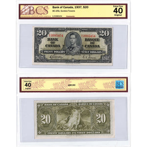 SOLD $20 1937 Bank of Canada Note Gordon-Towers E/E Prefix BC-25b - BCS EF-40