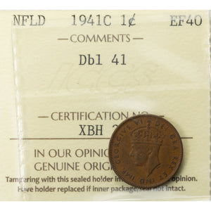 SOLD Newfoundland 1941 Double '41' 1 Cent Coin - ICCS EF-40