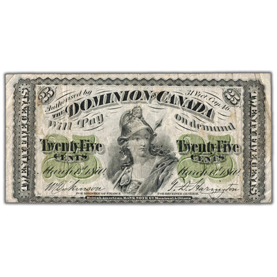 SOLD 25 Cents 1870 Dominion of Canada Shinplaster Note Plain DC-1c - Fine+ (minor stains)