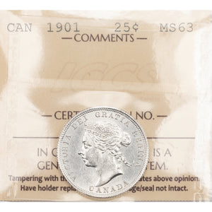 SOLD Canada 1901 25 Cents Quarter Silver Coin - ICCS MS-63