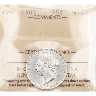 SOLD Canada 1901 25 Cents Quarter Silver Coin - ICCS MS-63