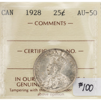 SOLD Canada 1928 25 Cents Quarter Silver Coin - ICCS AU-50