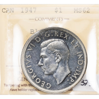 SOLD Canada 1947 Blunt 7 $1 Silver Dollar Coin - Key Date - ICCS MS-62