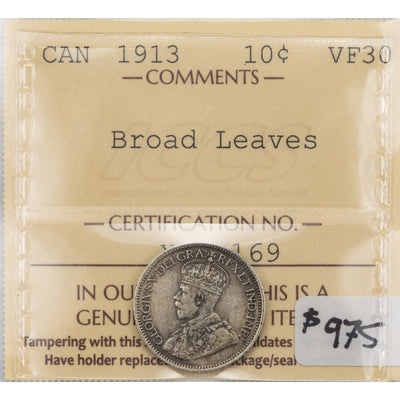SOLD Canada 1913 Broad Leaves 10 Cents Dime Silver Coin - ICCS VF-30